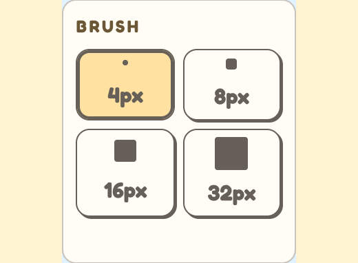 Tomo Pixel Art brush settings showing 4 px, 8 px, 16 px, and 32 px options