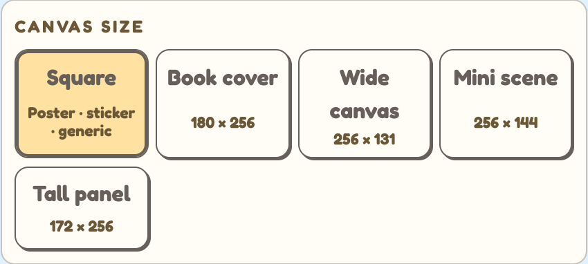 Tomo Pixel Art canvas size settings with Square, book cover, wide, mini, and tall presets