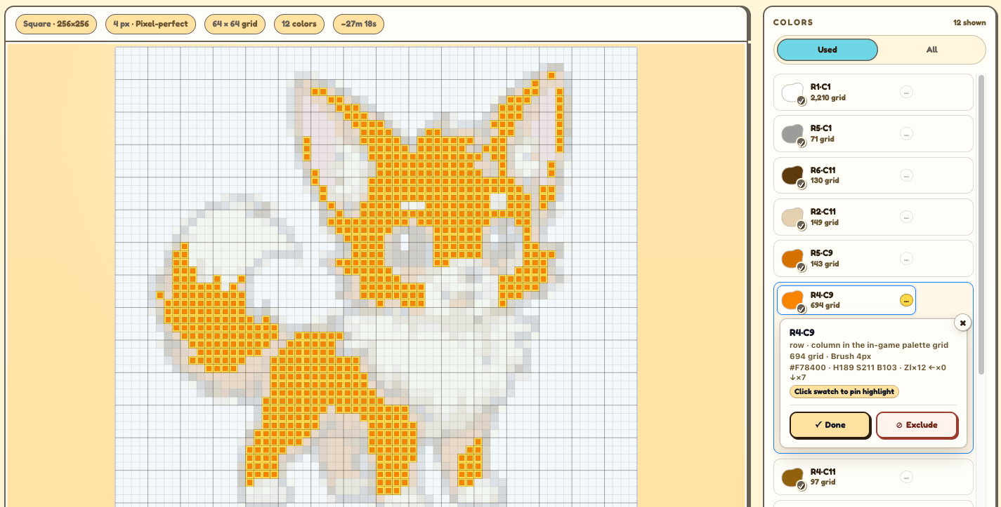 Tomo Pixel Art generated grid with highlighted cells and the color palette list